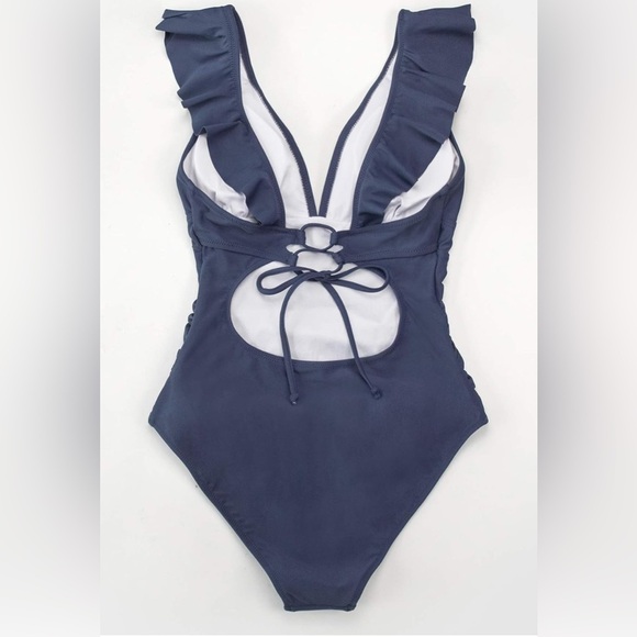 Elegant Ruffled Blue 
Classic ruffle deep 
Tummy control adjustable straps - Picture 3 of 3